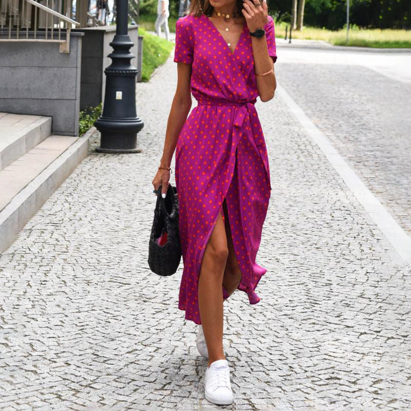 Megan - Women's V-Neck Printed Midi Dress with Waist Tie