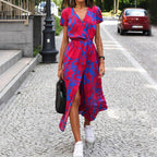 Megan - Women's V-Neck Printed Midi Dress with Waist Tie