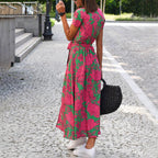 Megan - Women's V-Neck Printed Midi Dress with Waist Tie