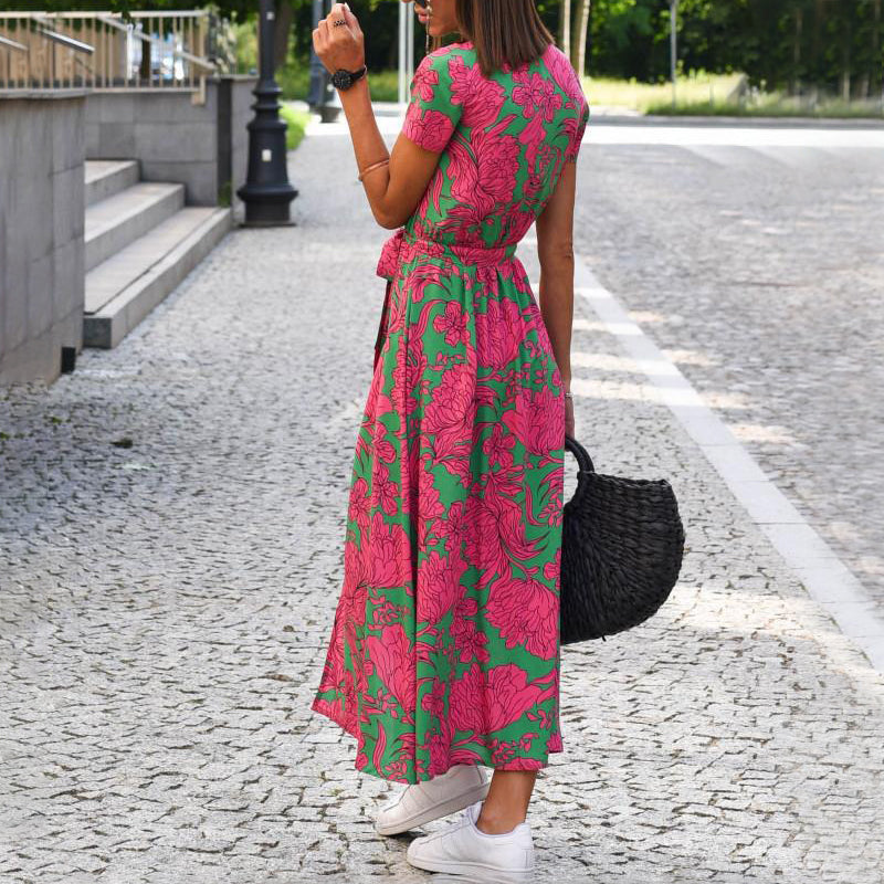 Megan - Women's V-Neck Printed Midi Dress with Waist Tie