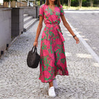 Megan - Women's V-Neck Printed Midi Dress with Waist Tie