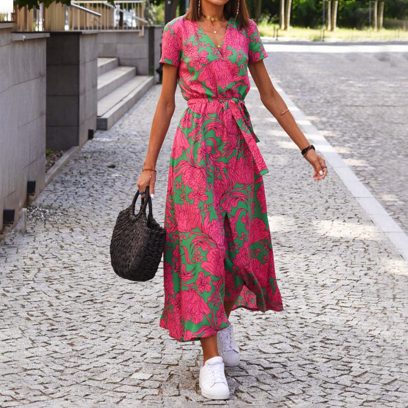 Megan - Women's V-Neck Printed Midi Dress with Waist Tie