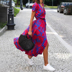 Megan - Women's V-Neck Printed Midi Dress with Waist Tie