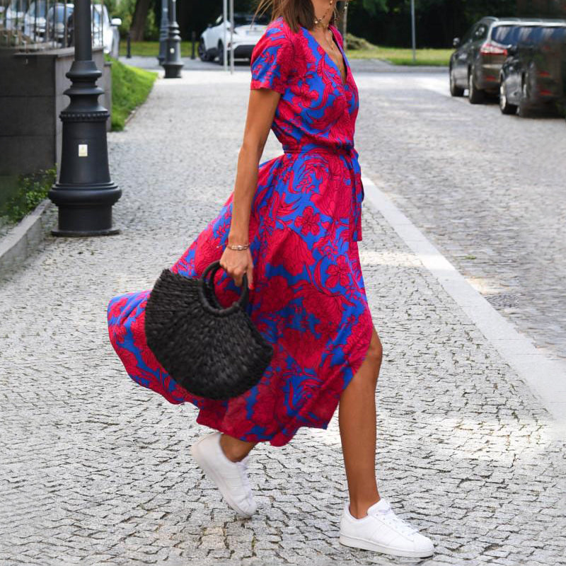 Megan - Women's V-Neck Printed Midi Dress with Waist Tie