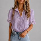 Meredith - Women's Lace Detail Short Sleeve Shirt