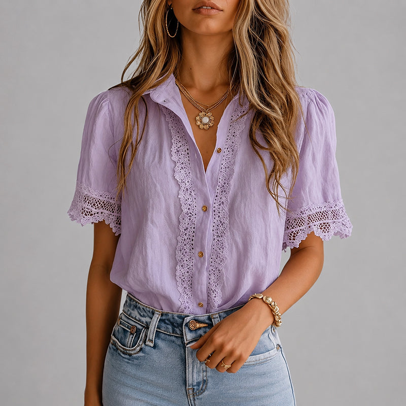 Meredith - Women's Lace Detail Short Sleeve Shirt