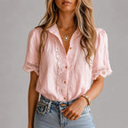 Meredith - Women's Lace Detail Short Sleeve Shirt