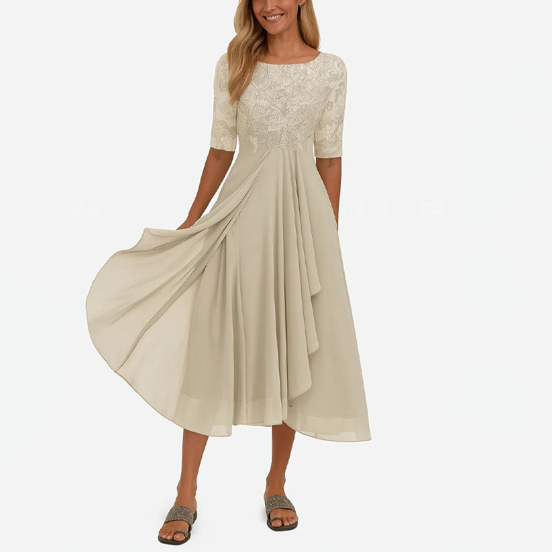 Michelle - Women's Embroidered Draped Midi Dress
