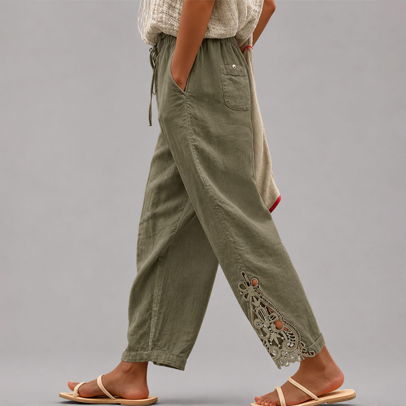 Millie - Women's Lace Trim Relaxed Tapered Pants