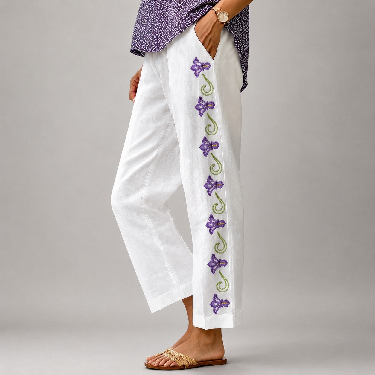 Nancy - Women's Floral Wide Leg Cropped Pants