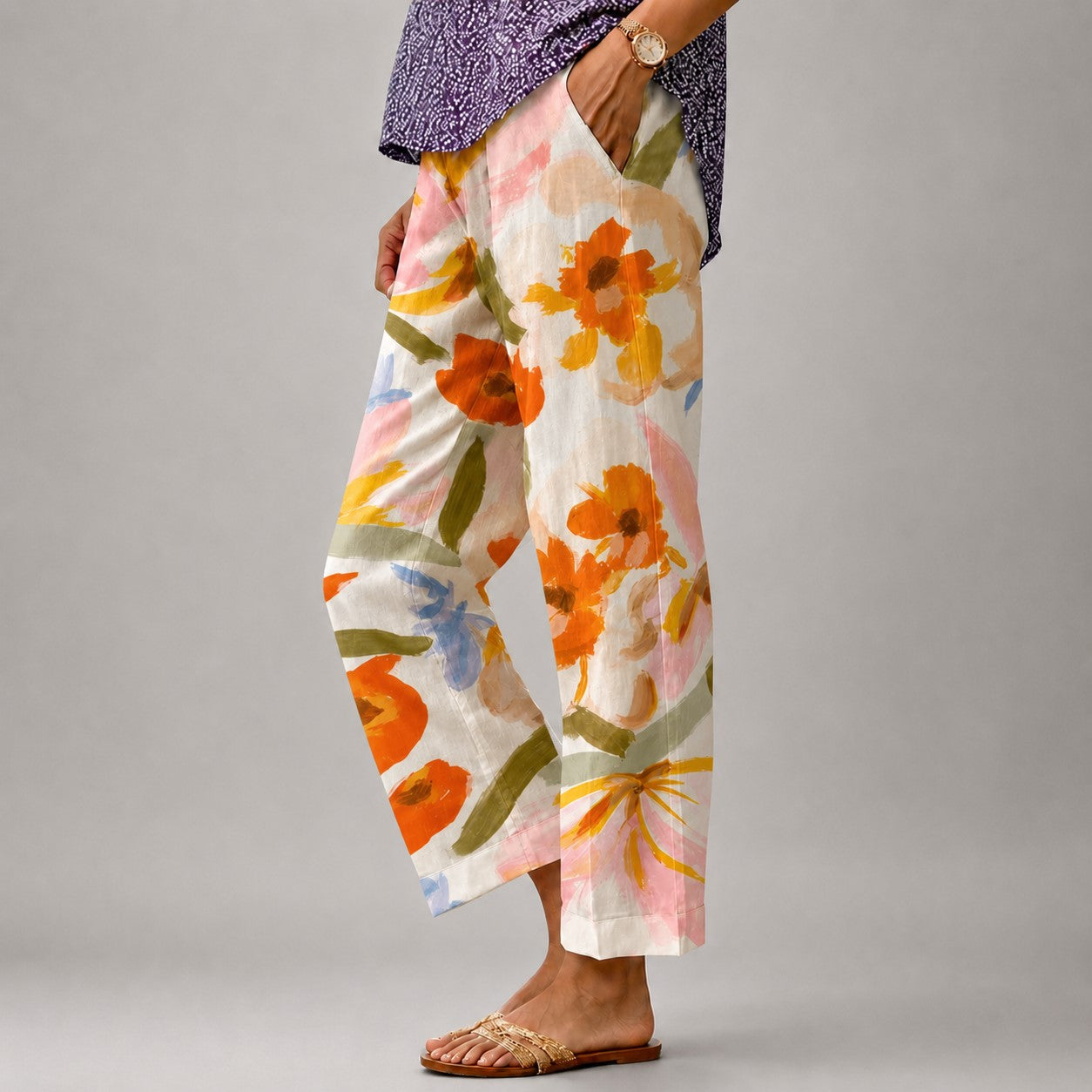 Nancy - Women's Floral Wide Leg Cropped Pants