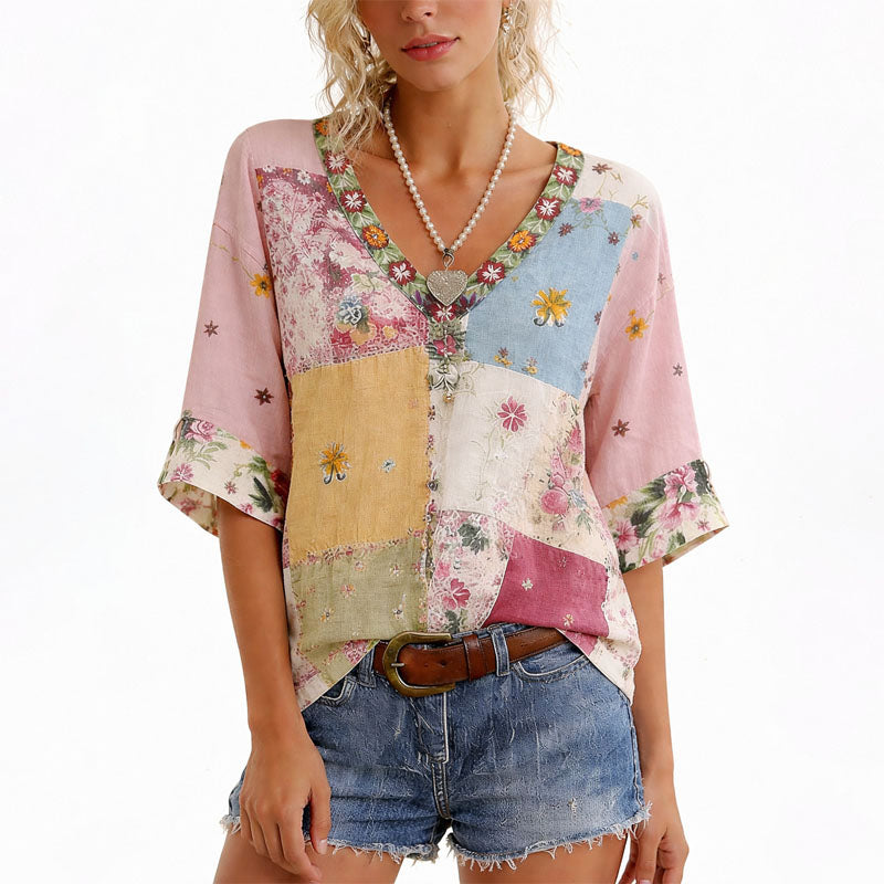 Natalie - Women's Mosaic Floral V-Neck Wide Sleeve Blouse