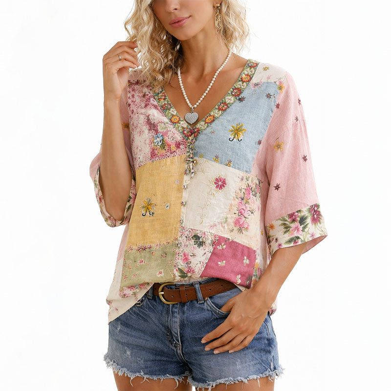 Natalie - Women's Mosaic Floral V-Neck Wide Sleeve Blouse