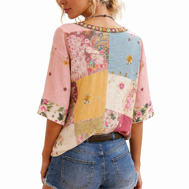 Natalie - Women's Mosaic Floral V-Neck Wide Sleeve Blouse