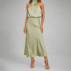 Natasha - Women's Draped Halter Satin Midi Dress