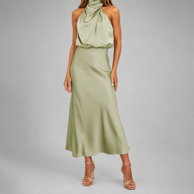 Natasha - Women's Draped Halter Satin Midi Dress