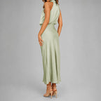 Natasha - Women's Draped Halter Satin Midi Dress