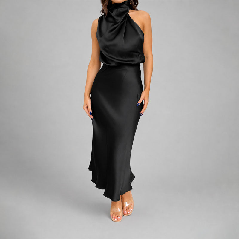 Natasha - Women's Draped Halter Satin Midi Dress