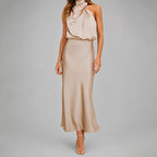 Natasha - Women's Draped Halter Satin Midi Dress
