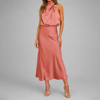 Natasha - Women's Draped Halter Satin Midi Dress
