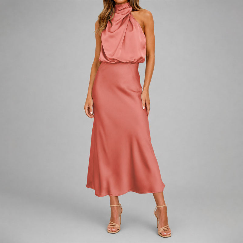 Natasha - Women's Draped Halter Satin Midi Dress