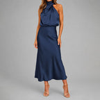Natasha - Women's Draped Halter Satin Midi Dress