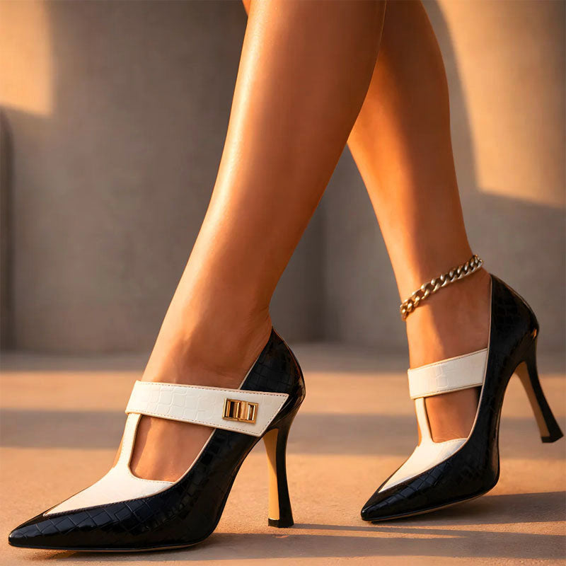 Nicole -  Women's Textured Buckled T-Strap Heels