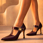 Nicole -  Women's Textured Buckled T-Strap Heels