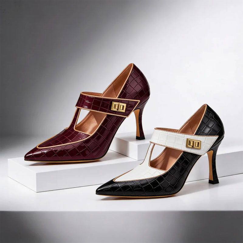 Nicole -  Women's Textured Buckled T-Strap Heels