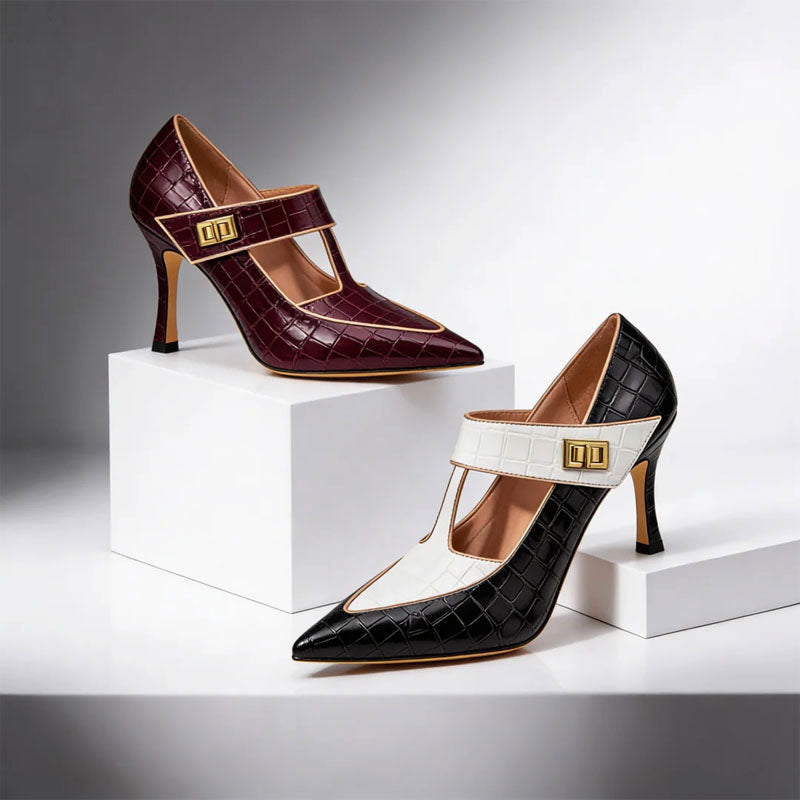 Nicole -  Women's Textured Buckled T-Strap Heels