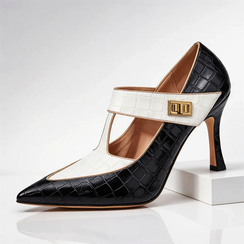Nicole -  Women's Textured Buckled T-Strap Heels