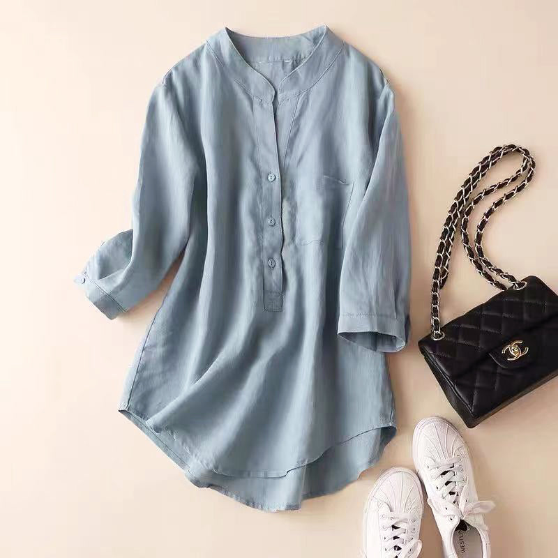 Norah - Women’s Linen Relaxed Mandarin Collar Blouse
