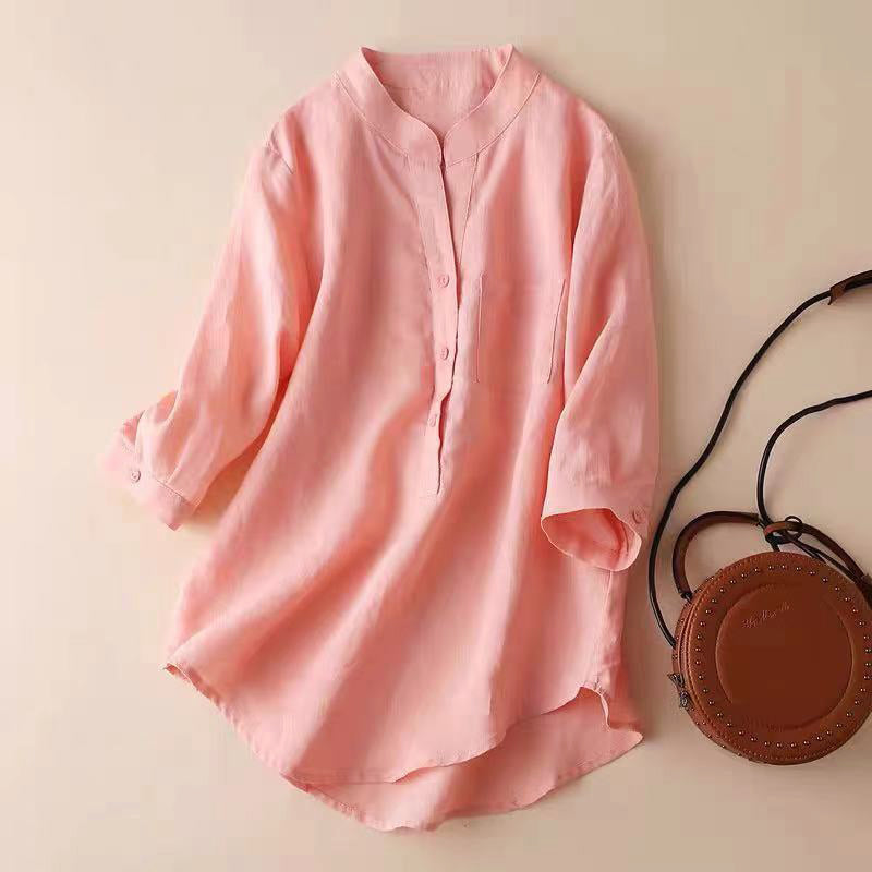 Norah - Women’s Linen Relaxed Mandarin Collar Blouse