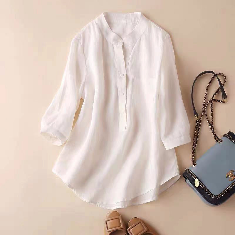Norah - Women’s Linen Relaxed Mandarin Collar Blouse