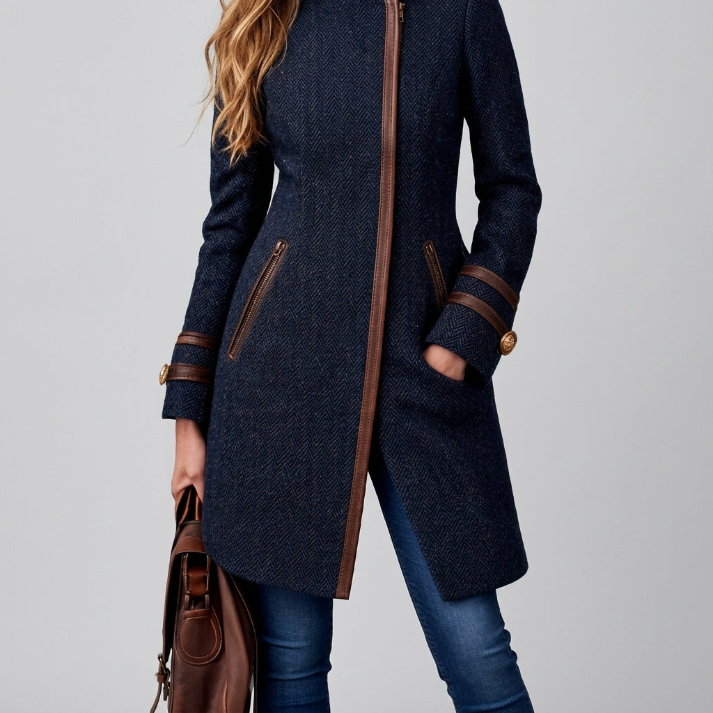 Nyla - Women's Buckled High-Neck Herringbone Zip Coat