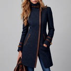 Nyla - Women's Buckled High-Neck Herringbone Zip Coat