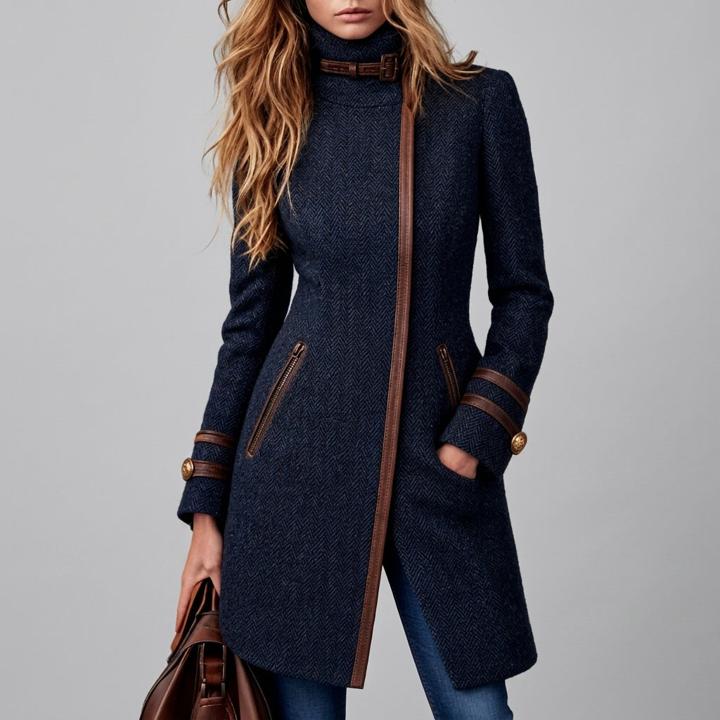 Nyla - Women's Buckled High-Neck Herringbone Zip Coat