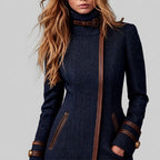 Nyla - Women's Buckled High-Neck Herringbone Zip Coat