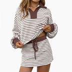 Page - Women's Striped Collared Top and Drawstring Skirt Set