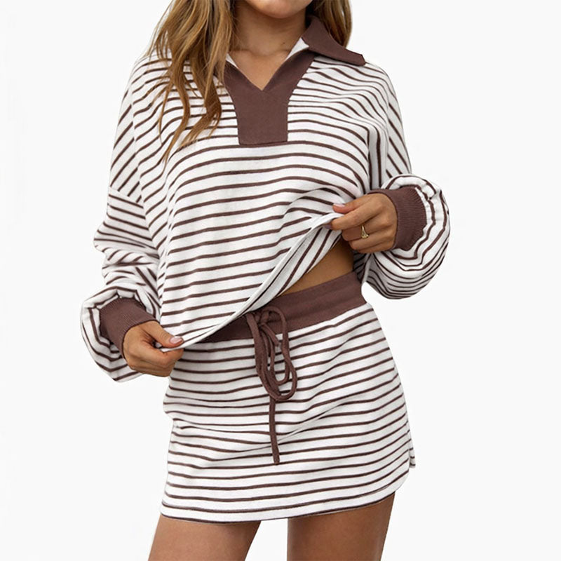 Page - Women's Striped Collared Top and Drawstring Skirt Set