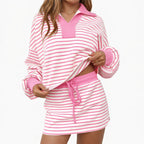 Page - Women's Striped Collared Top and Drawstring Skirt Set
