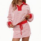 Page - Women's Striped Collared Top and Drawstring Skirt Set