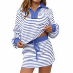Page - Women's Striped Collared Top and Drawstring Skirt Set