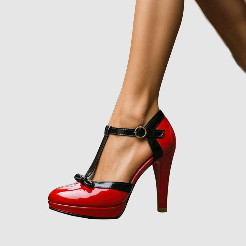Penelope - Women's Retro T-Strap Bow Accent Pumps