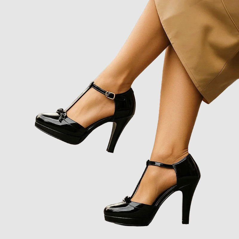 Penelope - Women's Retro T-Strap Bow Accent Pumps