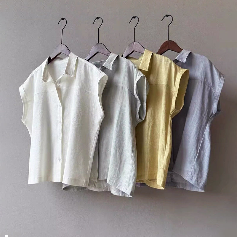 Rachel - Women’s Linen-Look Cap Sleeve Button Shirt