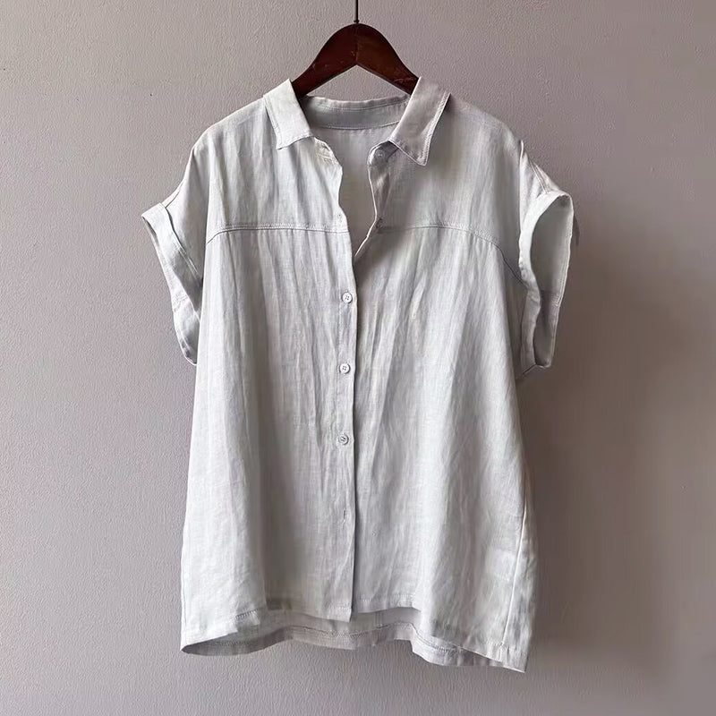 Rachel - Women’s Linen-Look Cap Sleeve Button Shirt