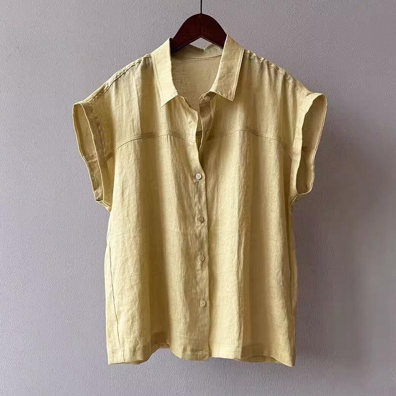 Rachel - Women’s Linen-Look Cap Sleeve Button Shirt