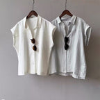 Rachel - Women’s Linen-Look Cap Sleeve Button Shirt