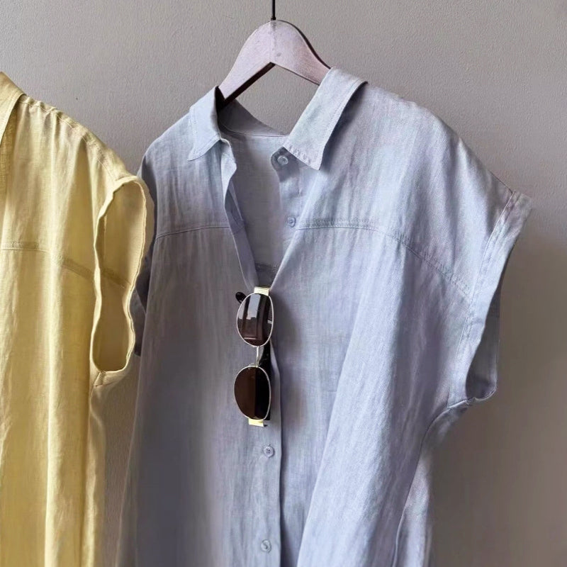 Rachel - Women’s Linen-Look Cap Sleeve Button Shirt